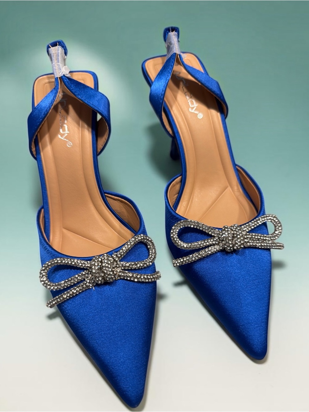 Royal Blue Unilady Satin Pointed Toe Slingback Heels with Crystal Bow